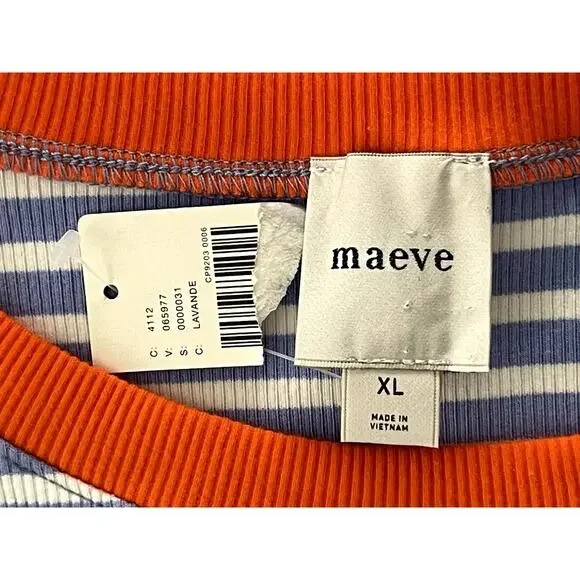 Maeve Anthropologie Sz XL Puff Sleeve Ribbed T-Shirt Blue Striped Casual Preppy - Picture 11 of 12